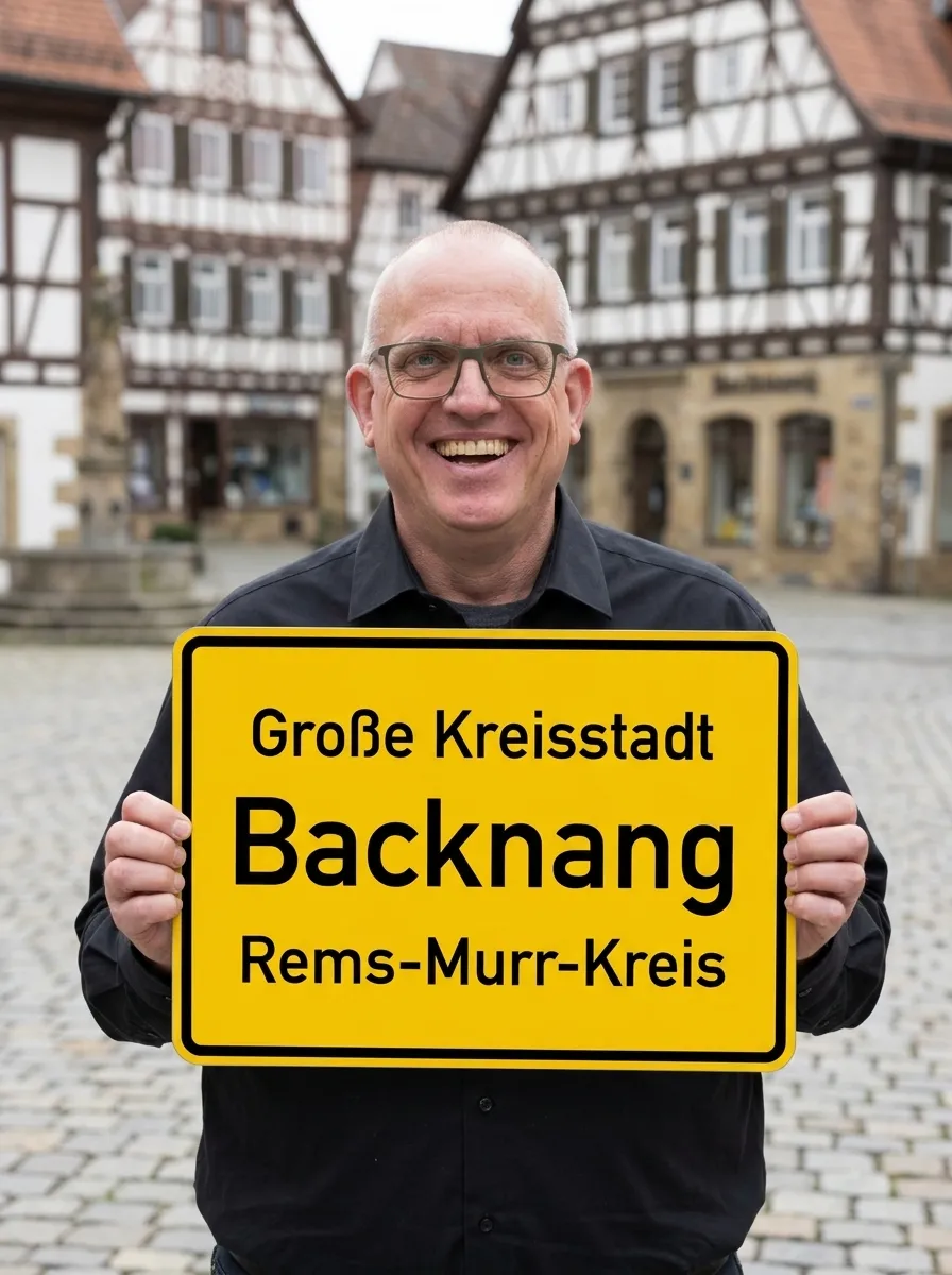 Joachim Jögel lächelnd mit einem Ortsschild „Große Kreisstadt Backnang, Rems-Murr-Kreis" in den Händen, im Hintergrund Fachwerkhäuser am Backnanger Marktplatz