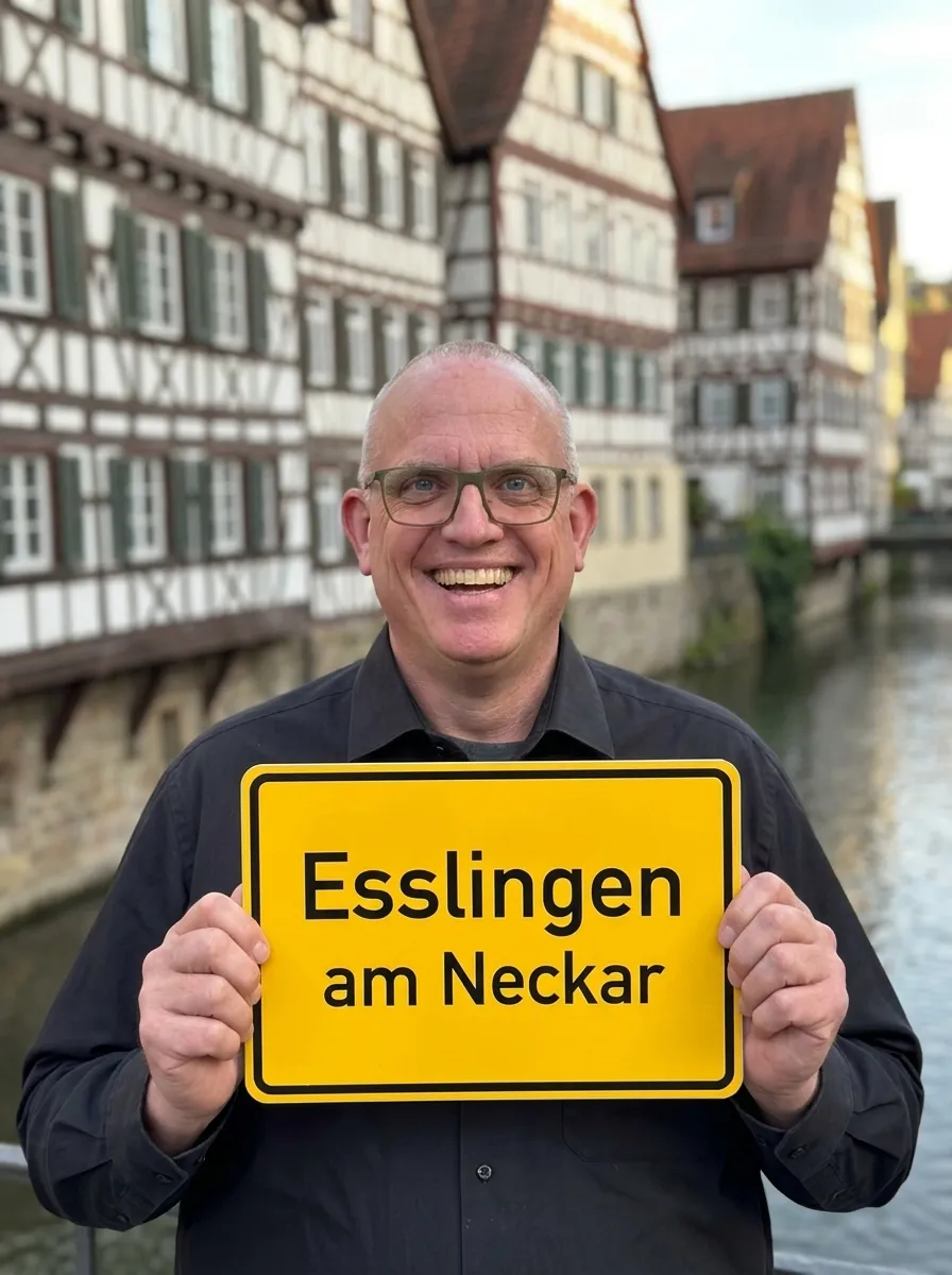 Joachim Jögel lächelnd mit einem Ortsschild „Esslingen am Neckar" in den Händen, im Hintergrund Fachwerkhäuser an der Esslinger Altstadt