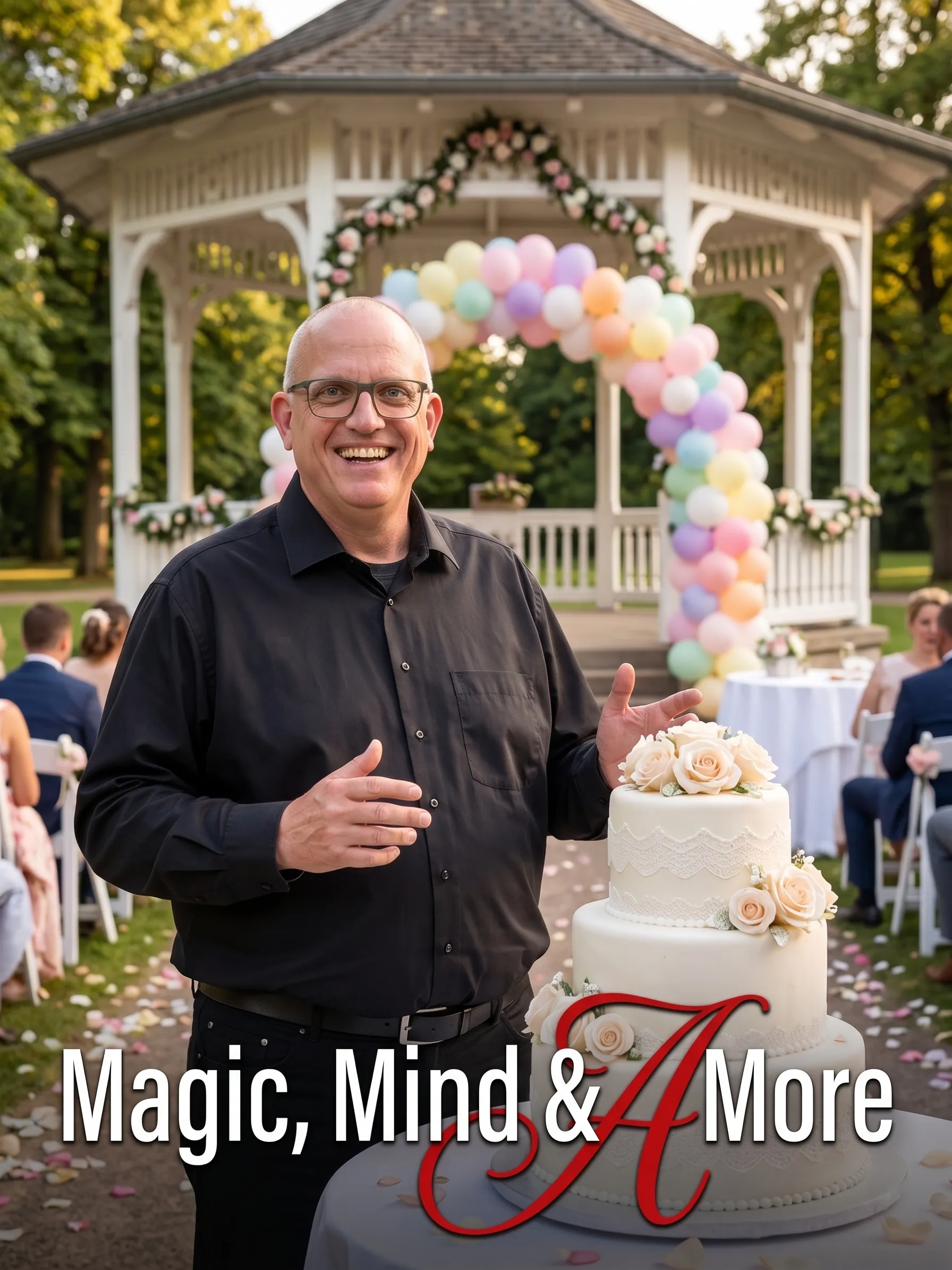 Joachim Jögel in front of the wedding cake outdoors, with a flower-decked pavilion and a balloon garland behind him