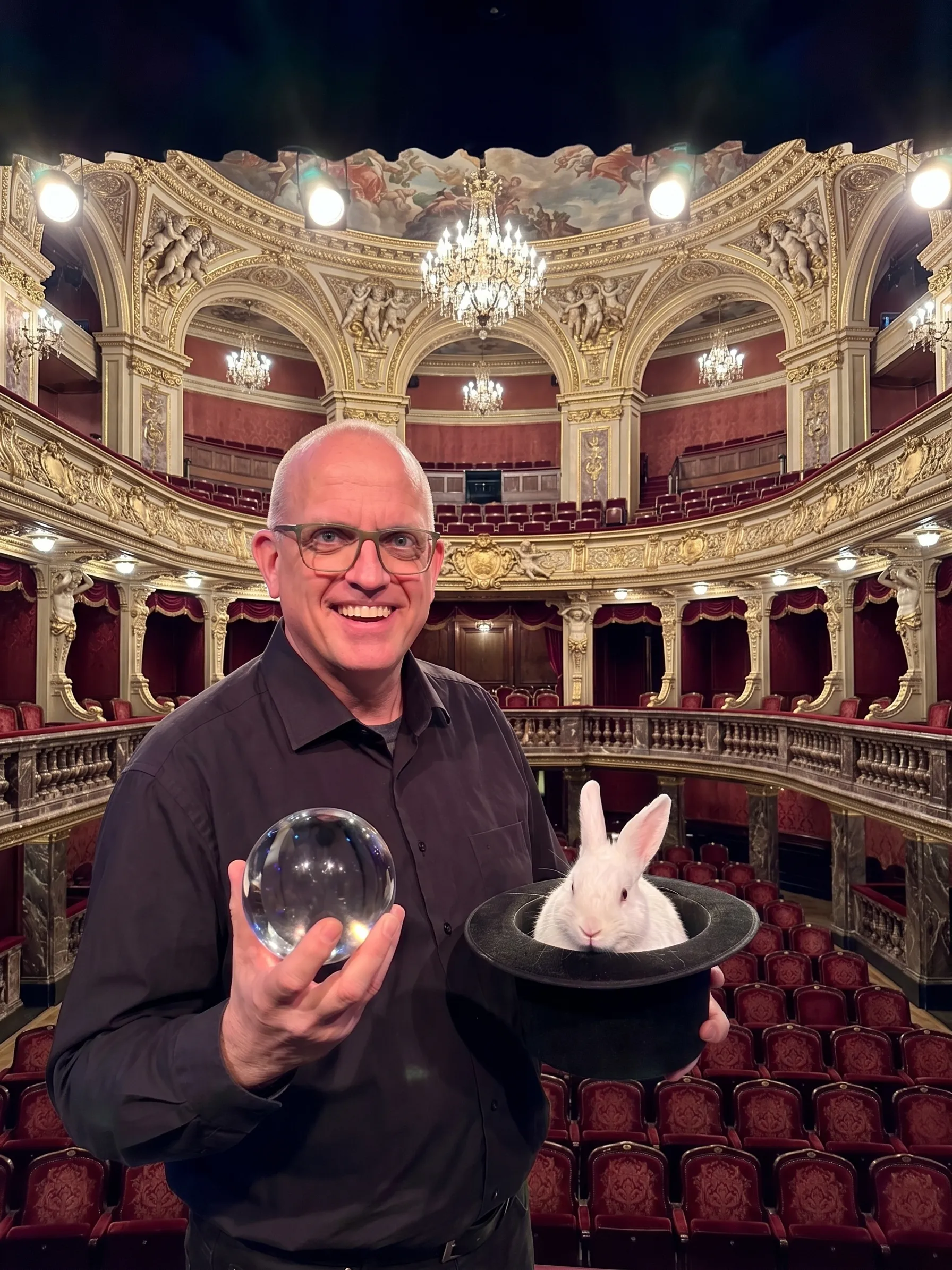 Joachim Jögel with a crystal ball and a top hat with a white rabbit peering out of it, in an ornate historic theatre auditorium