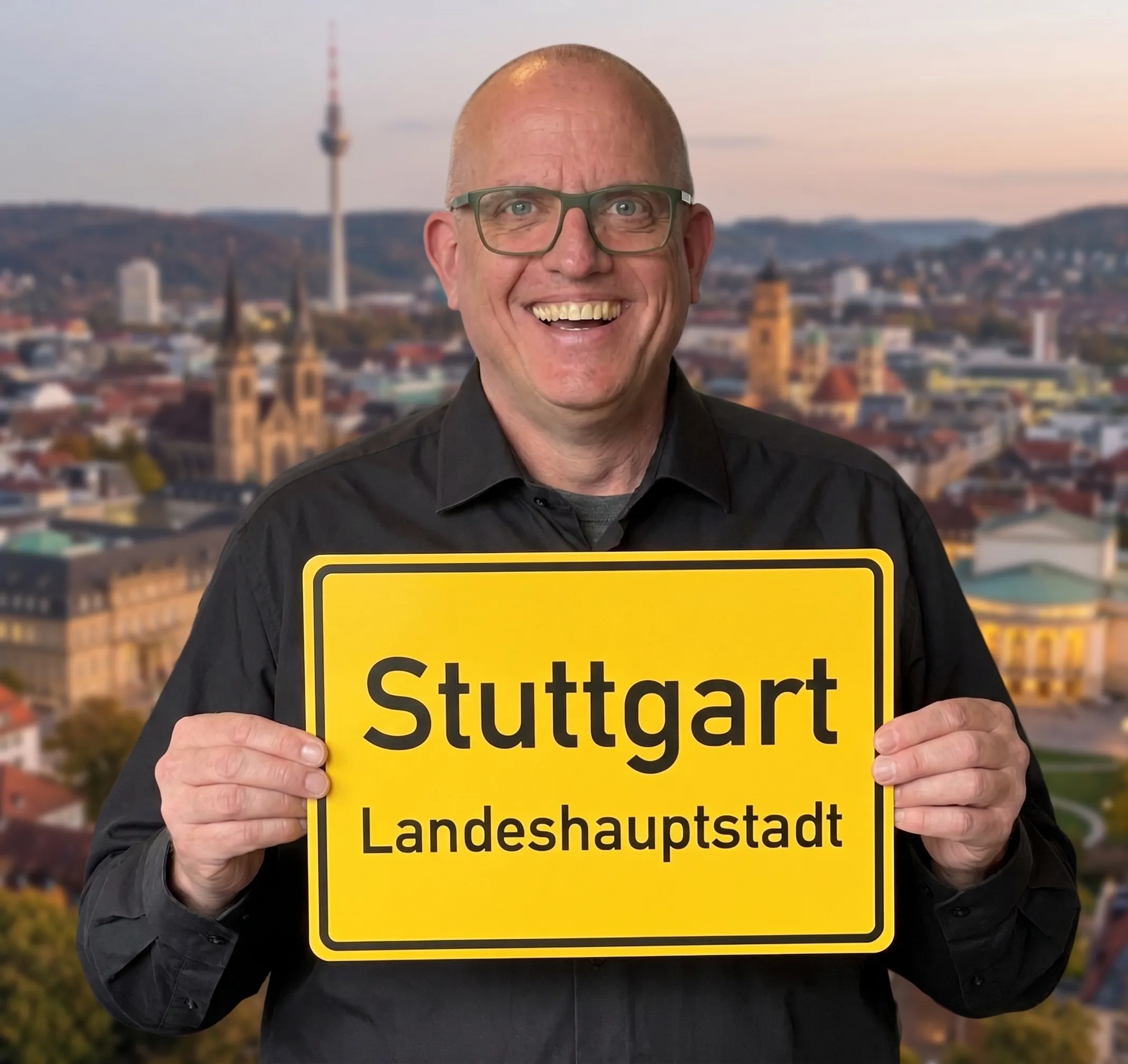 Joachim Jögel lächelnd mit einem Ortsschild „Stuttgart – Landeshauptstadt" in den Händen, im Hintergrund die Stuttgarter Skyline mit Fernsehturm in der Abenddämmerung