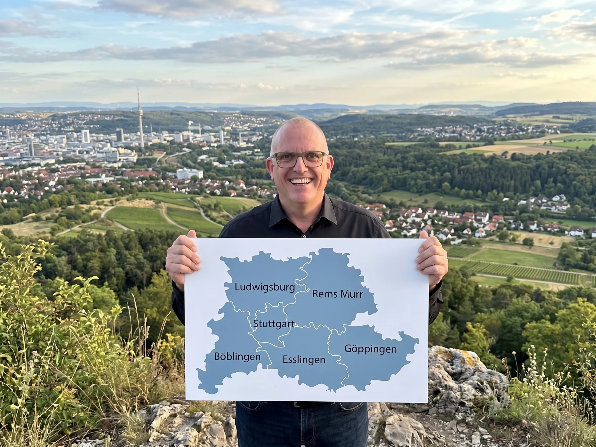 Joachim Jögel lächelnd mit einer Landkarte des Umkreises von Stuttgart (Ludwigsburg, Rems-Murr, Böblingen, Esslingen, Göppingen) in den Händen, im Hintergrund die Stuttgarter Skyline von einem Aussichtspunkt aus