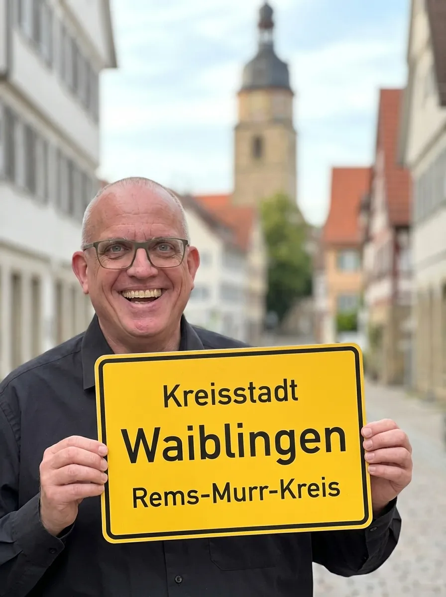 Joachim Jögel lächelnd mit einem Ortsschild „Kreisstadt Waiblingen, Rems-Murr-Kreis" in den Händen, im Hintergrund die Waiblinger Altstadt mit Kirchturm
