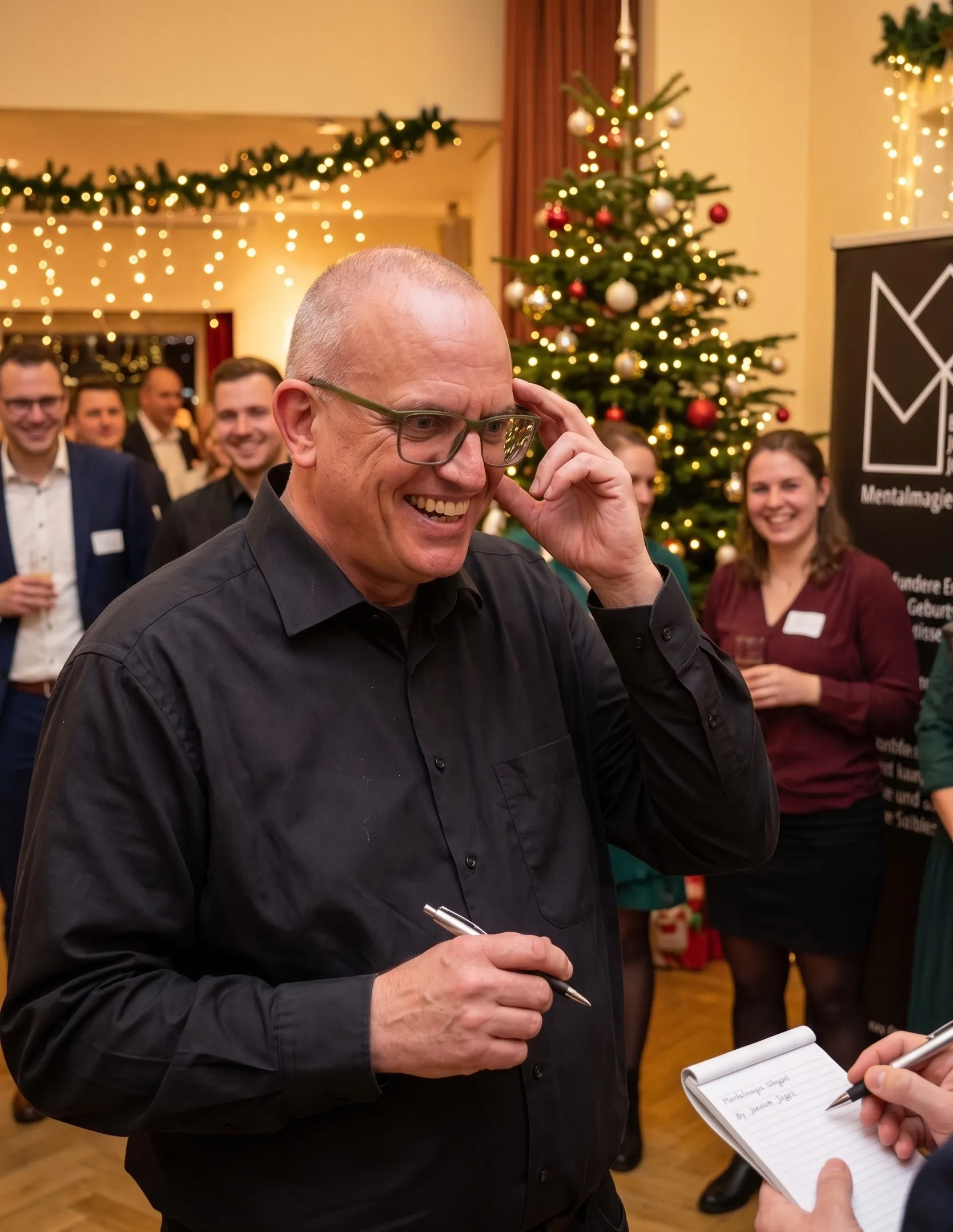 Joachim Jögel laughing in front of a decorated Christmas tree, with guests at a Christmas party behind him