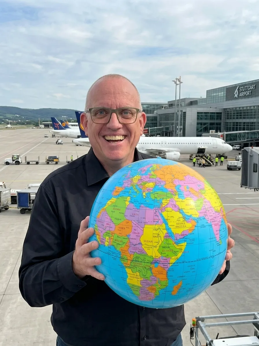 Joachim Jögel lächelnd mit einem aufblasbaren Globus in den Händen, im Hintergrund Flugzeuge und das Terminal des Stuttgarter Flughafens